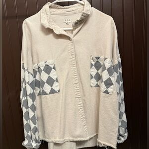 POL Cream Button Down Shirt with Checkered Sleeves